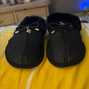KATE SPADE Black Fuzzy Bow Slip-On House Slippers